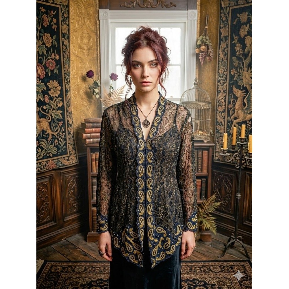 Vintage Lace Kebaya Blouse Black Gold Paisley Scalloped Trim Sheer Jacket Small